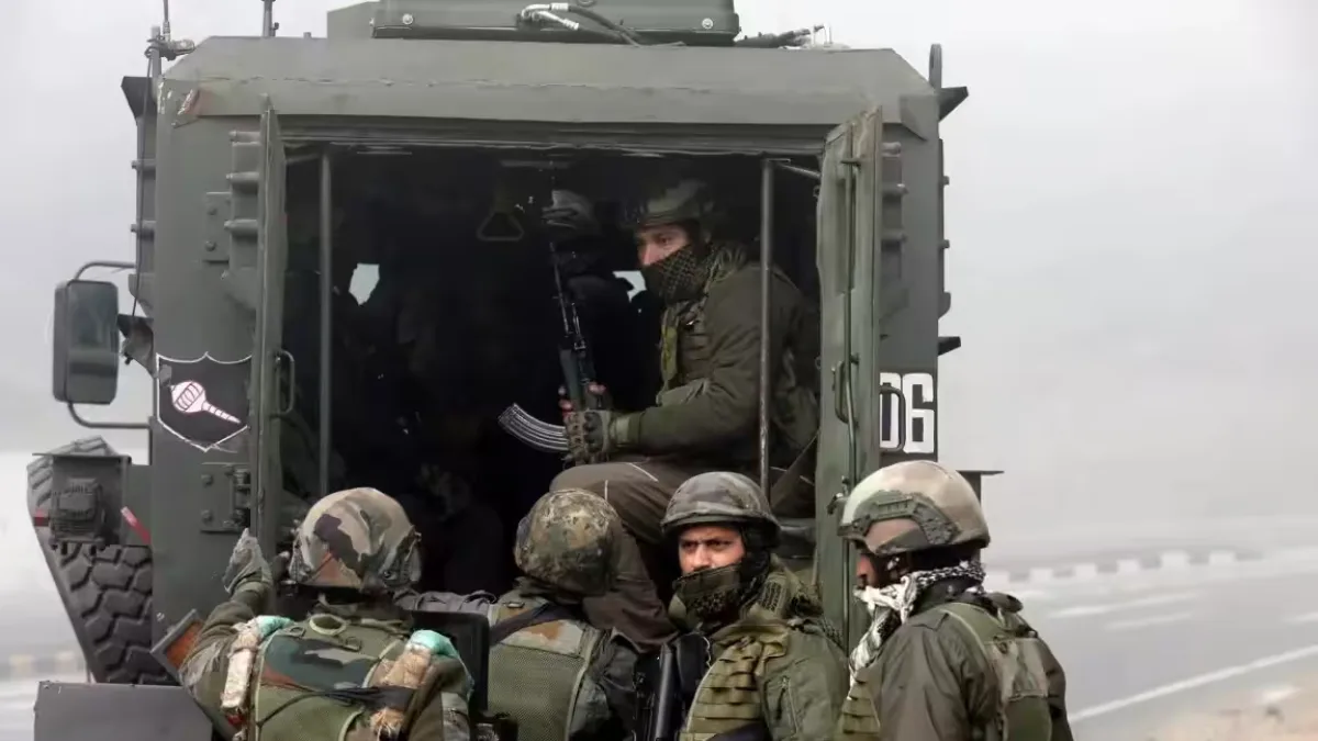 Security forces in action during the encounter in Budgam district