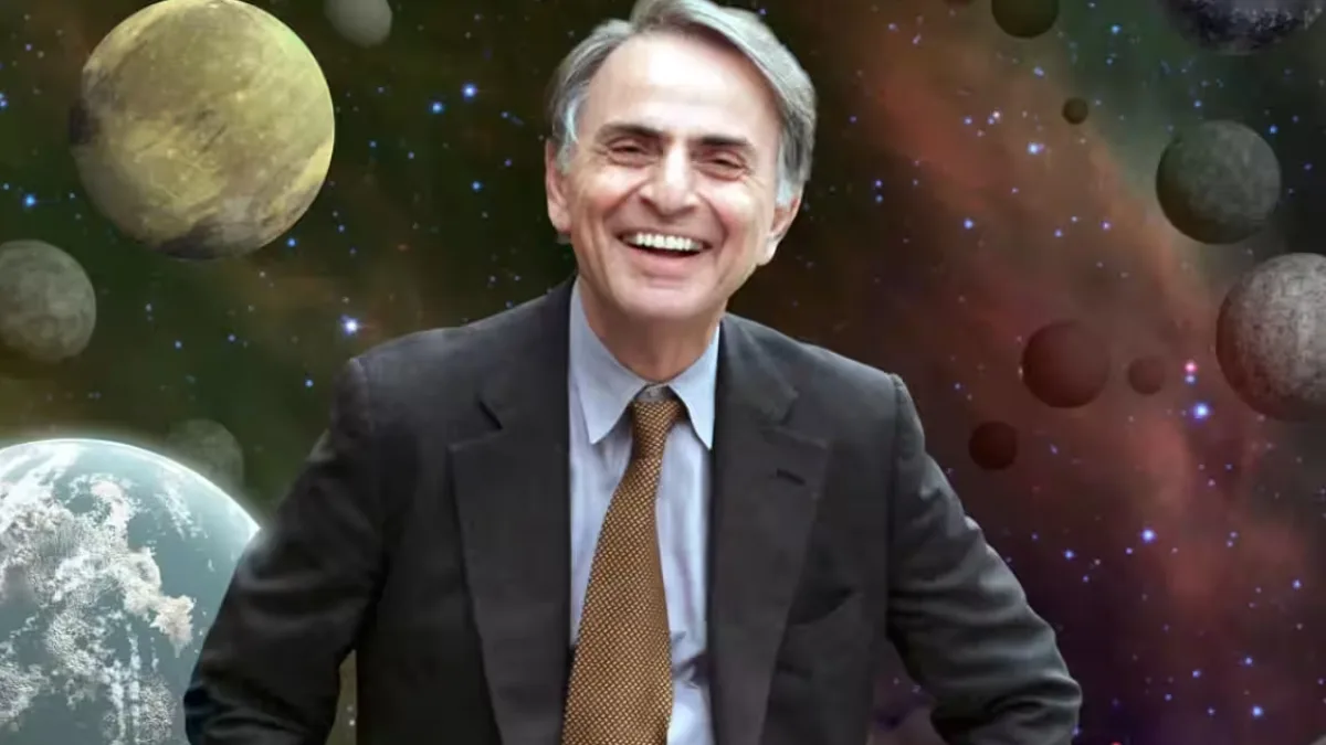 A portrait of Carl Sagan, with a background of stars and planets