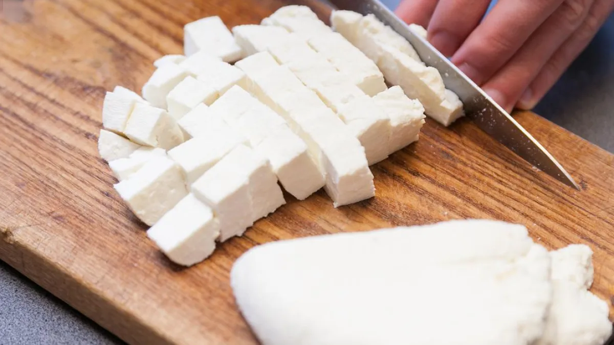 A photo of a person holding a block of paneer