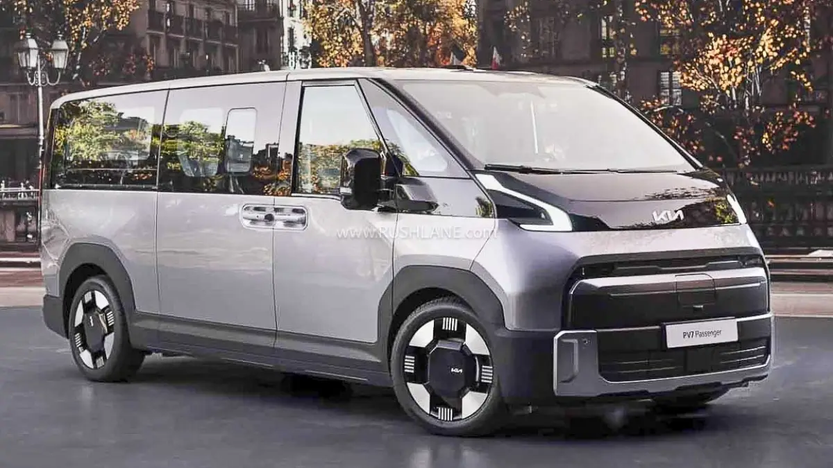 Interior of Kia PV7 electric van showcasing large touchscreen and modular seating layout