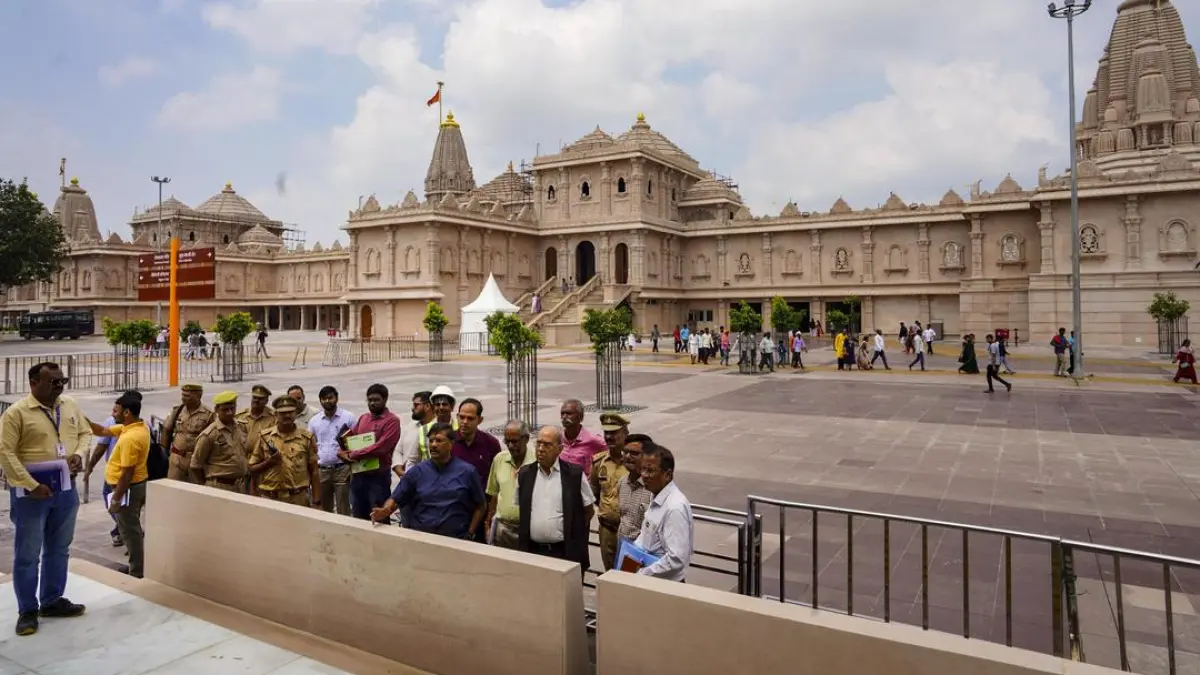 A photo of the Ram Temple with a caption indicating the donations scandal
