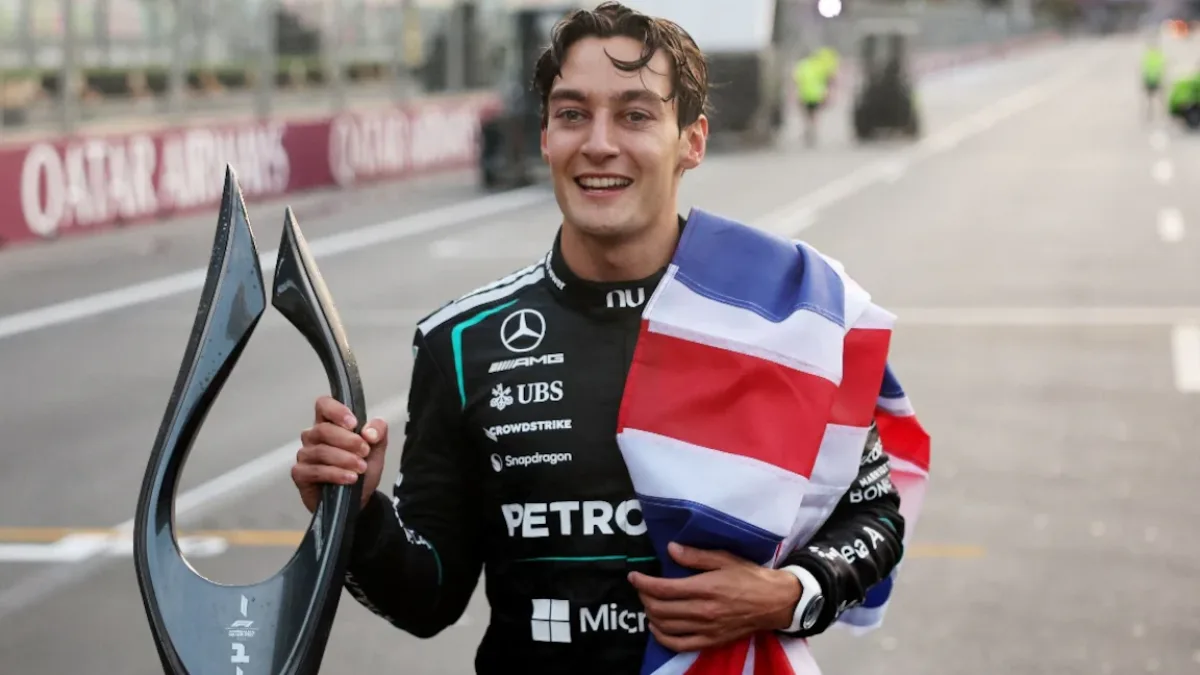 George Russell celebrating his victory at the Azerbaijan Grand Prix