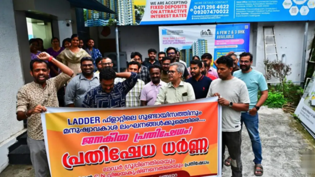 Residents of Ladder Capital Hill apartment complex protesting outside the builder's office