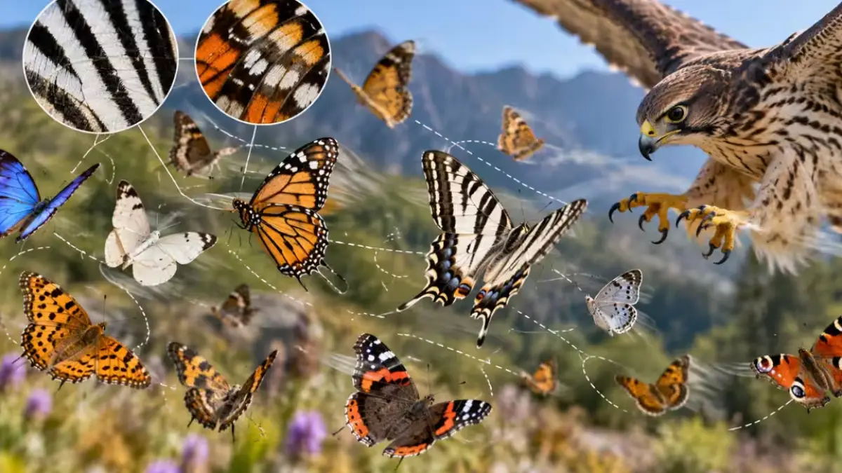 A butterfly with high-contrast wing patterns flying in the air