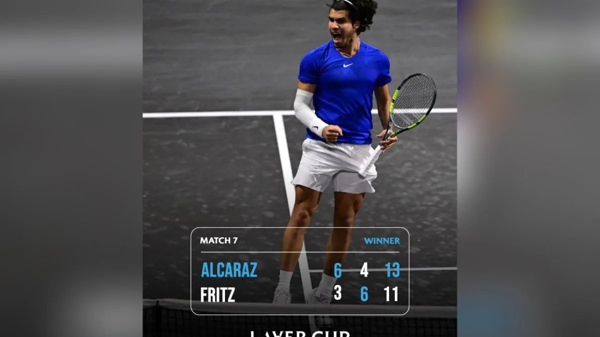 Carlos Alcaraz and Taylor Fritz in action at the Laver Cup 2026