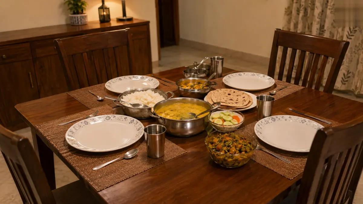 A person eating dinner late at night