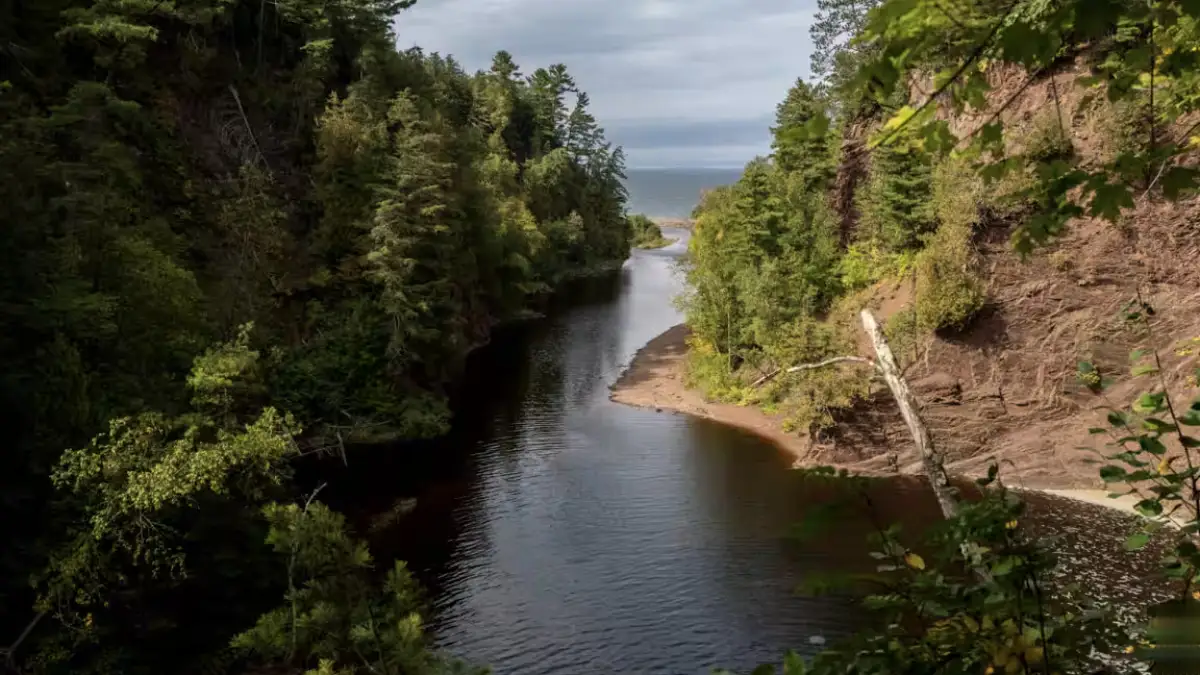 Aerial view of Lake Superior's shoreline with protected areas and restored habitats