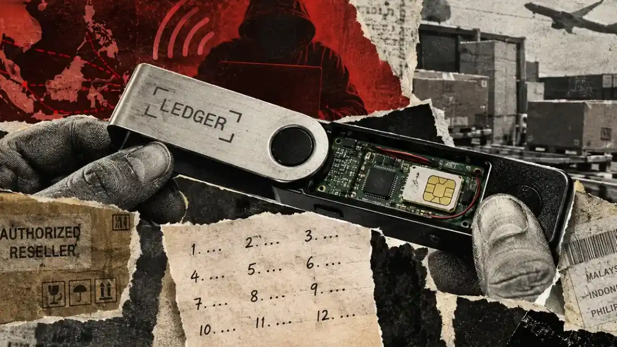 A photo of a Ledger hardware wallet with a hidden implant