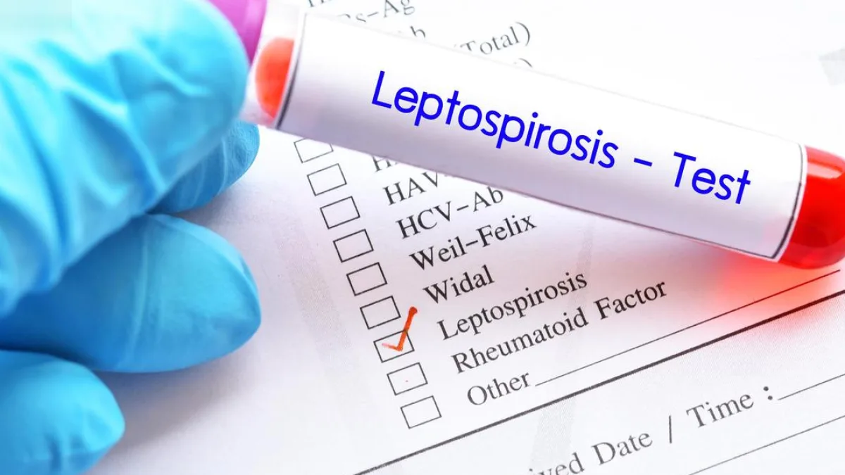 A person wearing protective clothing and gloves, holding a sign that says 'Leptospirosis Prevention'