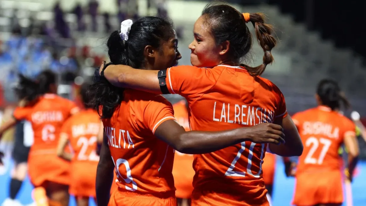 Indian women's hockey team celebrating their gold medal victory at the 2026 Asian Games