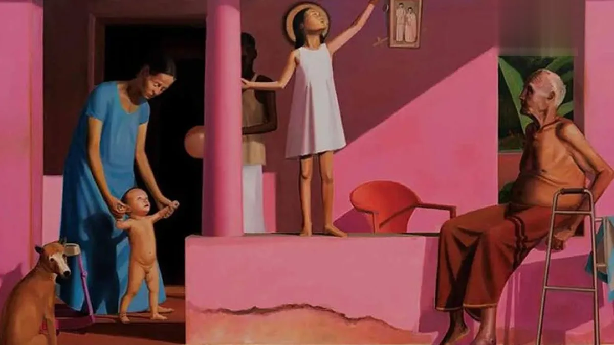 Tom Vattakuzhy's painting 'Drift' on display at AstaGuru in London