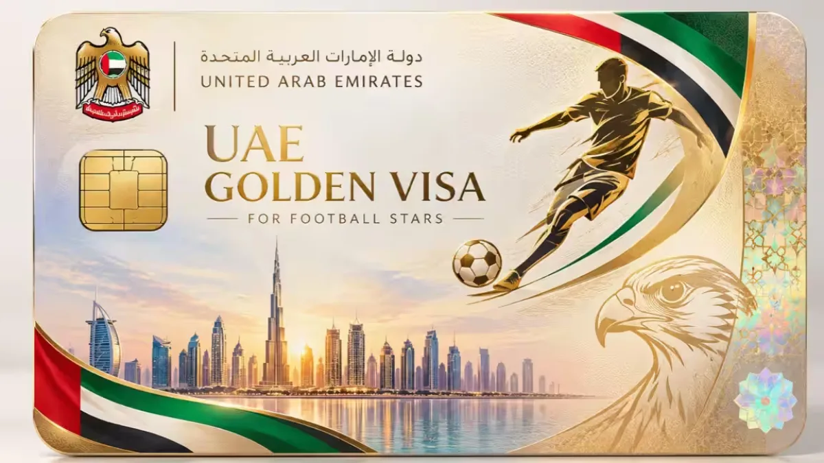 A football player holding a UAE Golden Visa