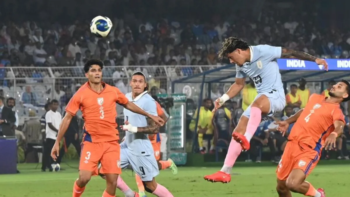 Indian football team in action against Uruguay