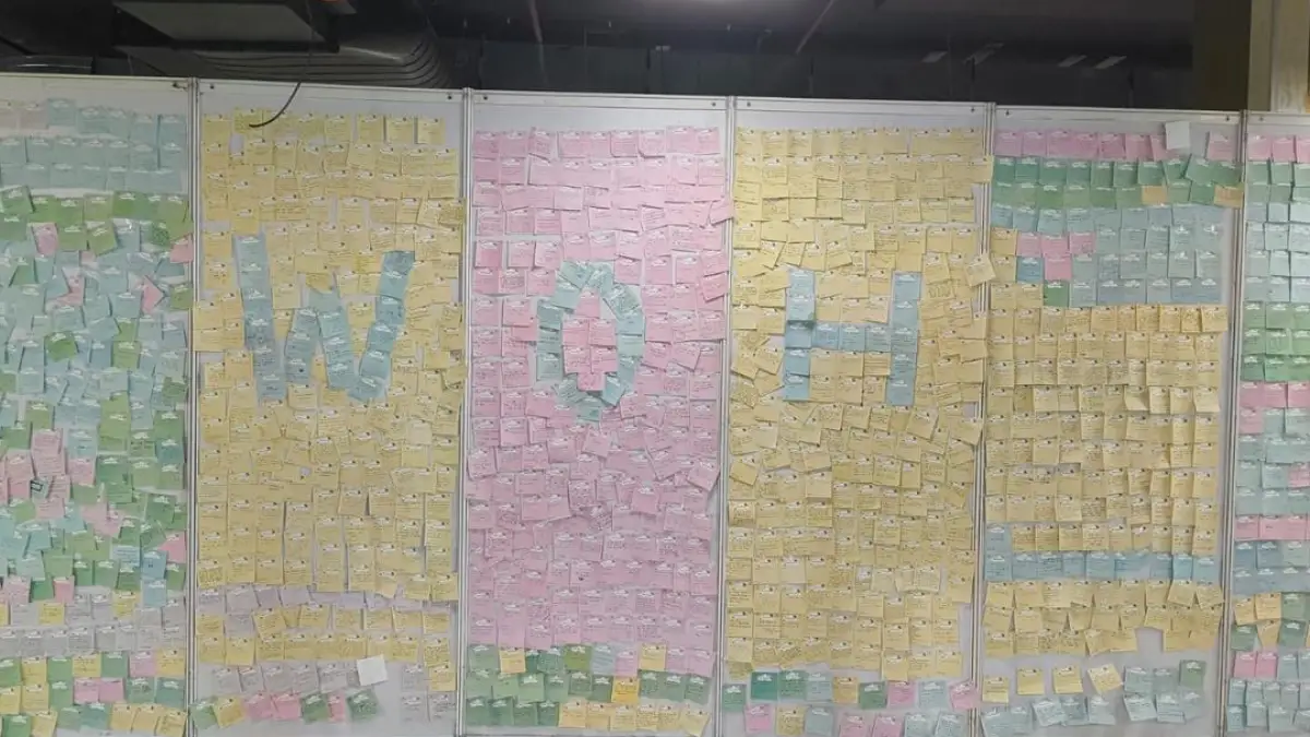 A photo of the Wall of Hope initiative, with colourful post-it notes and messages of hope from young people
