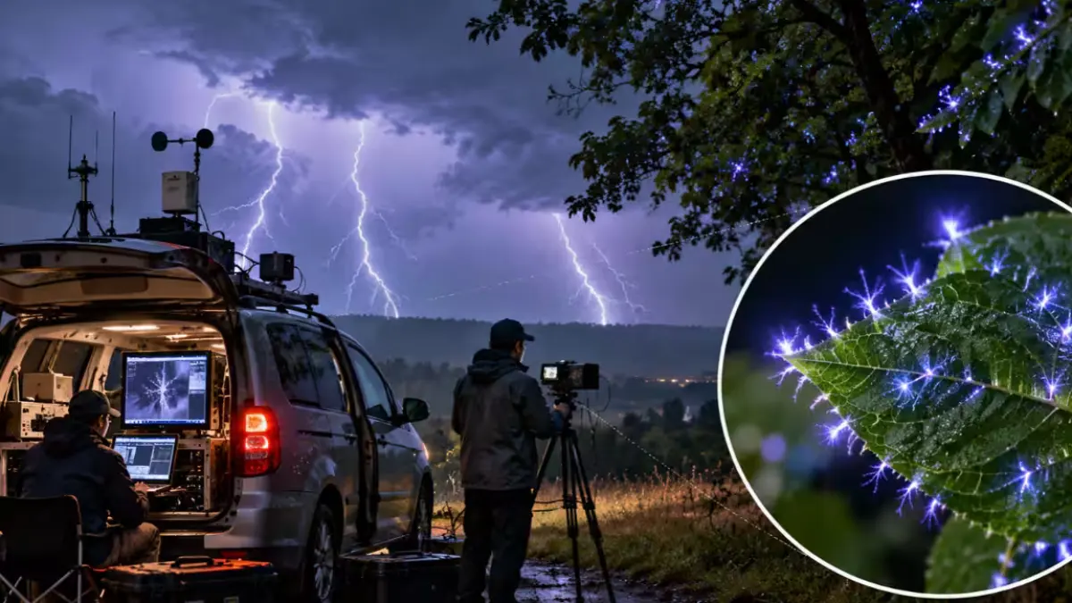 Ultraviolet camera capturing corona discharges on a tree during a thunderstorm